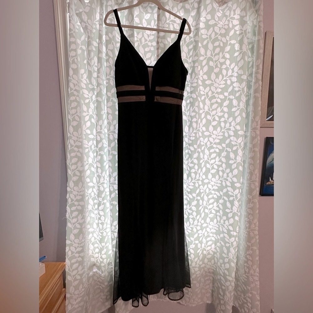 Elegant Black Maxi Dress size 12 nude mesh cutouts
